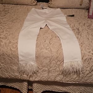 White Leggings with Feather Trim